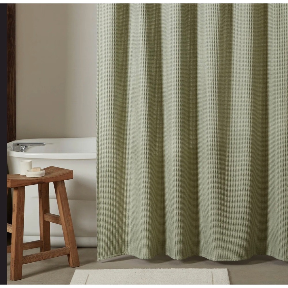 Calvin Klein Home Sage Green Waffle Weave Cotton Blend Shower Curtain OEKO-TEX